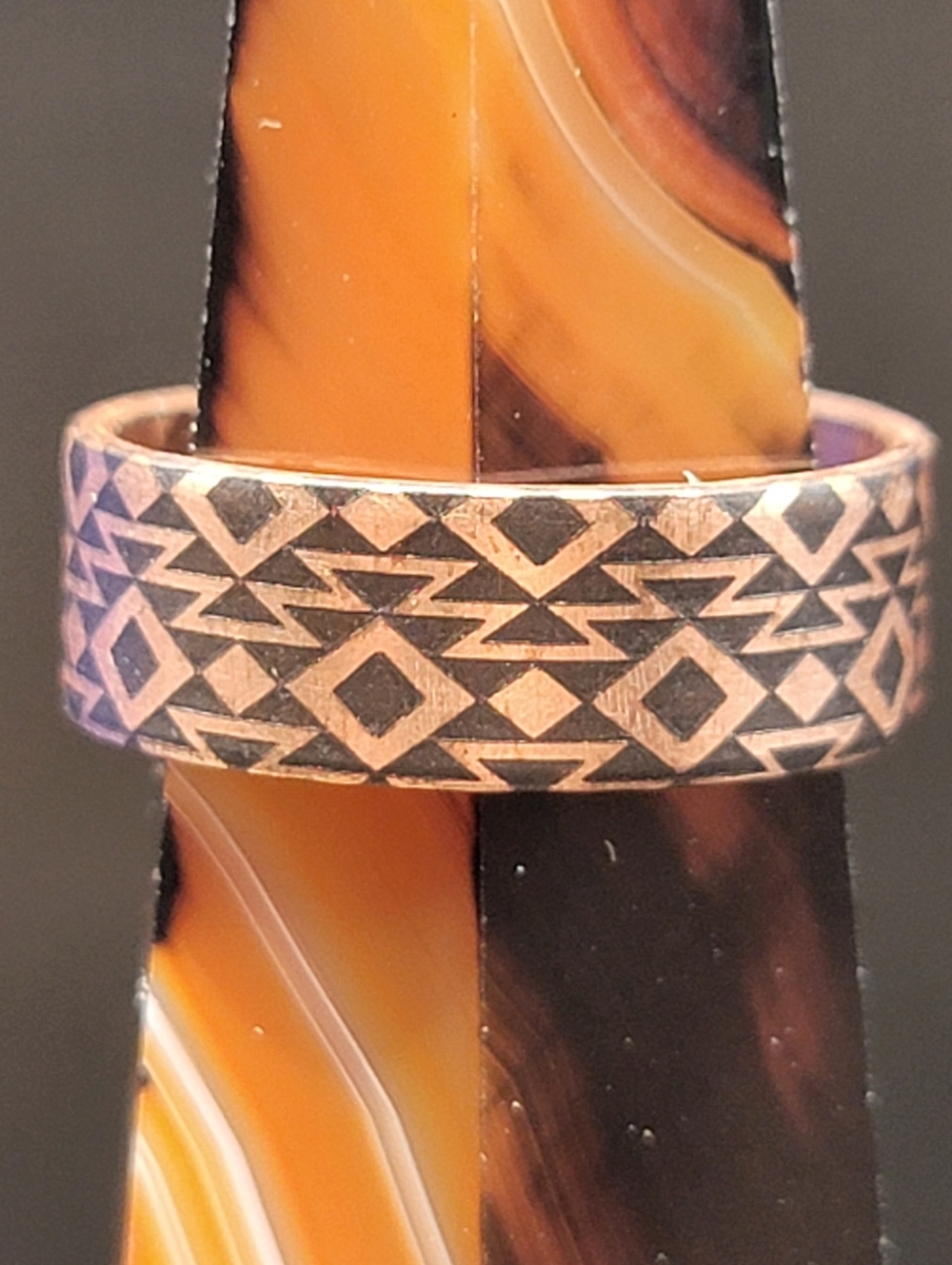 Adjustable Copper Wide Band Ring - Geometric Native Inspired Design Size 6.5 +